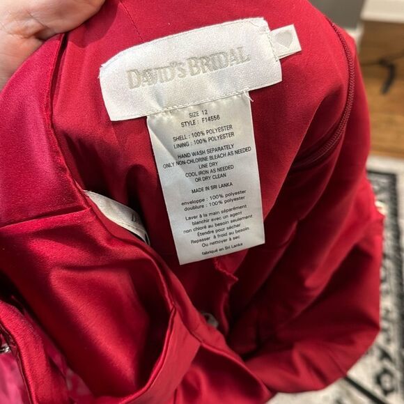 David's Bridal Red Satin Dress F14556 with Sheer Shawl Tea length Wide Strap - Picture 6 of 11